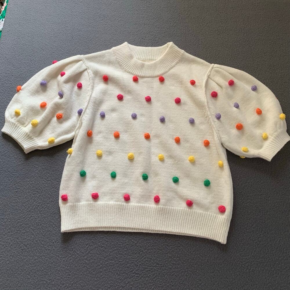Colorful Pom Pom Short Sleeve Sweater Puff Sleeve Mock Neck Rainbow Playful Lg